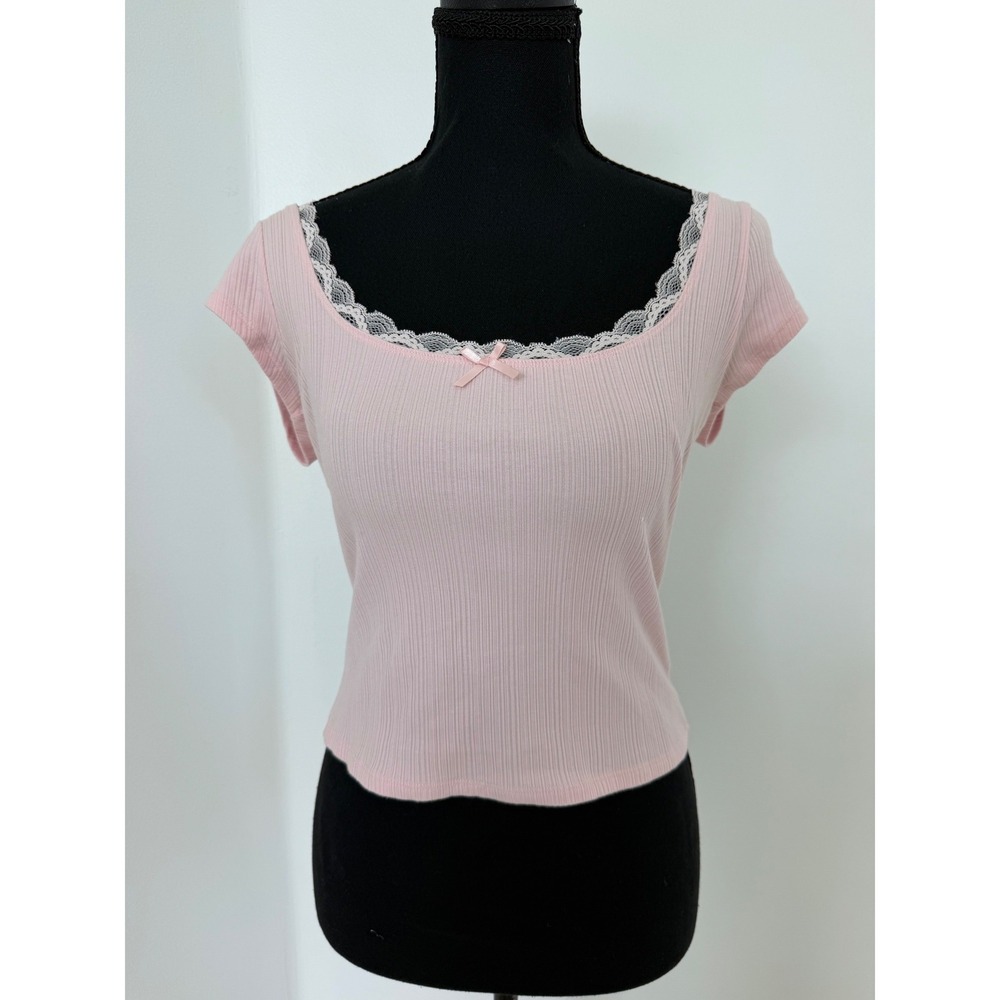 Coquette Baby Pink Lace Trim Ribbed Top Soft Girl Bow Scoop Neck Y2K Cropped S